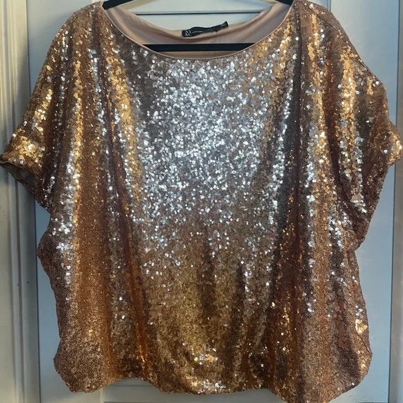 New York & Company Rose Gold Sequined Short Sleeve Balloon Hem Blouse XXL - Picture 3 of 7